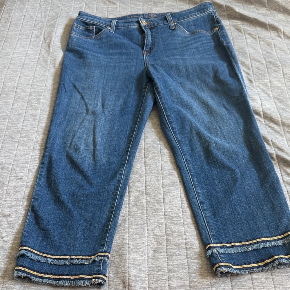 Chico's Dark Blue Cropped Jeans with Frayed Triple-Hem
